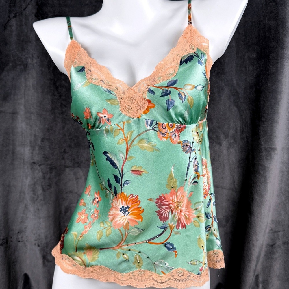 Vintage Y2K Gold Hawk Silk Floral Lace Trim Cami Fairy Grunge Whimsigoth Top M